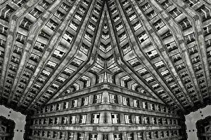 Art Deco Prints: Impossible architectures: black and white kaleidoscopic image of Prudential Tower