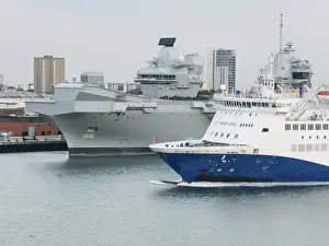 HMS (His Or Her Majesty's Ships) Prints: Incoming ferry viewed passing HMS Queen Elizabeth aircraft carrier