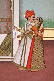 Indian couple, Traditional costume, Mughal India, 19th Century
