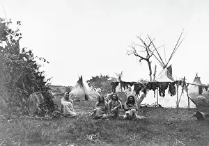 Camp Prints: Indians; Meat Drying, Teepees In Backgro
