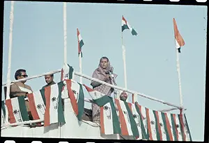 Indira Gandhi Giving a Speech from a Platform
