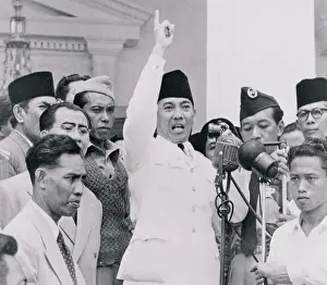 Sukarno Prints: Indonesian President Achmad Sukarno Calming down Protesters