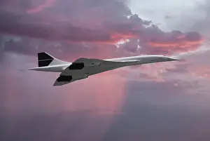 Inflight view of a British Aerospace Concorde SST (Supersonic Transport) banking into a dramatic sunset sky