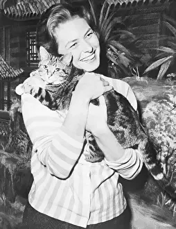 Ingrid Bergman Hugging Cat While on Filming Set