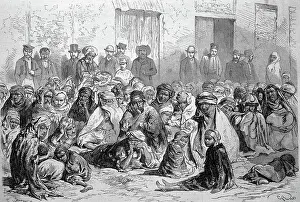 The inhabitants of Setif distributing food to Arab woman and children, 1869, Algeria, Historic, digitally restored reproduction of a 19th century original, exact original date unknown