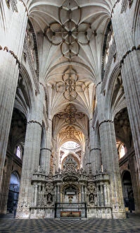 Inside of Salamanca cathedral with tall columns