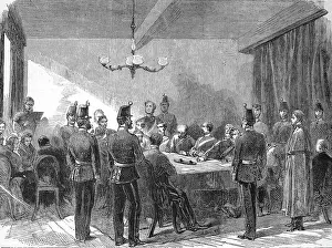 Interrogation of the prisoner Fenian, a member of the Irish Republican Brotherhood, at the Dublin police station, 1868, Ireland, Historic, digitally restored reproduction of an original 19th century master, exact original date unknown