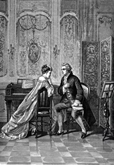 Illustrierte Welt Prints: The interrupted piano lesson: Piano teacher holds his hand on his heart and speaks to the woman