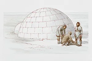 Dorling Kindersley Prints Gallery: Three Inuit hunters by 6000 BC igloo