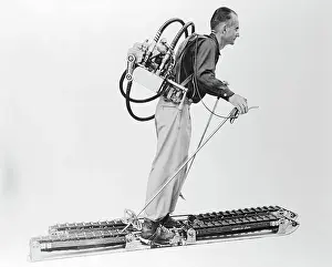 Inventor Displaying His Motor Powered Skis