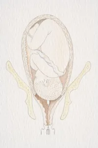 Delivery Prints: Inverted foetus inside swollen uterus with head pushing through the dilated cervix opening