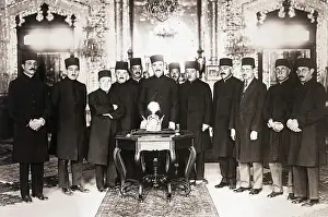 Shah Prints: Iranian Officials with Crown at Coronation