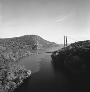 Iron bridge over river, (B&W)
