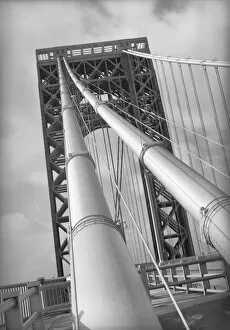 Iron bridge span, (B&W), low angle view