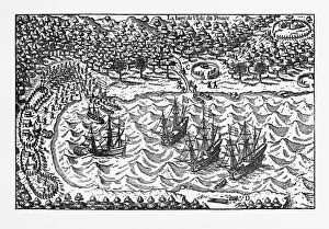 People Traveling Collection: Island of Principe Historical Map by Van Noort, Circa 1598