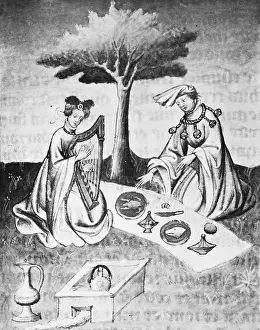 15th Century Prints: Isolde Plays The Harp To Entertain