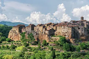 Prints of historic, attraction, building, buildings, commune, culture, evening, exterior, farm landscape, grotte di castro, heritage, italian, landmark, landscape, mediterranean, residential, rock, roof Travel Destination Prints: Italian medieval city at sunset