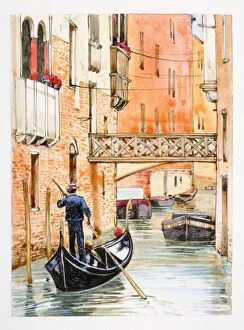 Italy, Venice, man rowing gondola in city canal, rear view
