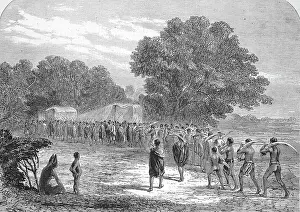 Ivory trade in South Africa, locals carry elephant tusks to a buying place, 1869, South Africa, Historic, digitally restored reproduction of an original 19th century artwork, exact original date unknown