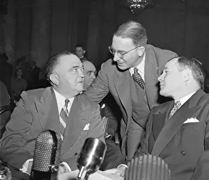 Howard Mcgrath Prints: J. Edgar Hoover in Huddle with Senator and Attorney General