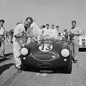 Racecar Prints: Jackie Cooper Pointing Number 13 on Sports Car