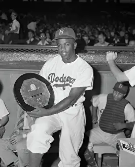 Plaque Prints: Jackie Robinson Holding Most Valuable Player Award
