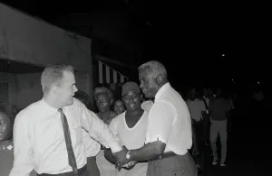 Augustine Prints: Jackie Robinson Shaking Hands with Demonstrator