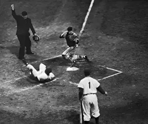Jackie Robinson After Being Tagged by Del Crandall