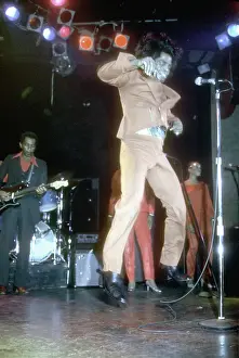 Prints of RESEDA, CA - JANUARY 31: Godfather of Soul James Brown performs onstage at the Country Club on January 31, 1982 in Reseda, California. (Photo by Michael Ochs Archives/Getty Images) Soul Power: A Visual Journey Through the Godfather of Soul’s Electrifying Legacy: James Brown At The Country Club