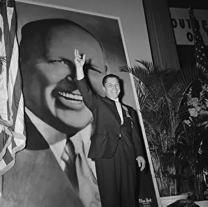 Hoffa Prints: James Hoffa Waving in Front of Photo of Dave Beck