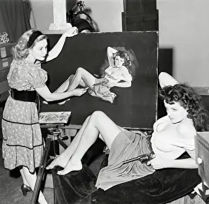 Prints of (Original Caption) 1/1/1946-Van Nuys, CA: Jane Russell, who is known to movie fans through publicity stills for her only movie, which was never released, may soon grace your neighborhood screen Hollywood's Sultry Siren – A Photographic Tribute: Jane Russell Reclines In Pose For Painte