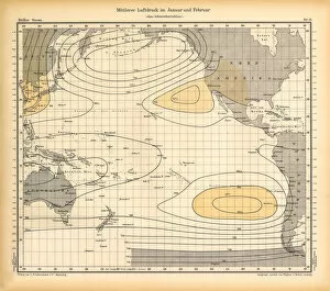 Images Dated 19th January 2018: January and February Air Pressure Chart, Pacific Ocean, German Antique Victorian Engraving, 1896