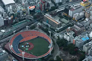 Cityscape Prints: Japan, Yokohama, Kanagawa, Cityscape and Yokohama stadium, aerial view