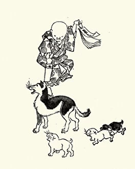 East Asia Collection: Japanese Art, Sketch of a man and his dogs