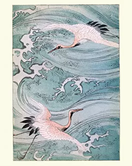 Images Dated 12th March 2018: Japanese art, Storks Flying over water