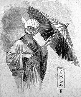 Kerchief Prints: Japanese girl in street clothes with muslin headscarf and parasol in 1880