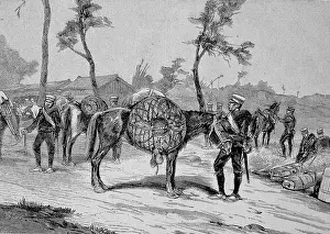 Great Prints: Japanese Manoeuvres. Packing the horses with large cauldrons for cooking rice in a catering convoy