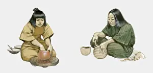Senior Women Prints: Japanese potters demonstrating pinching and coiling methods