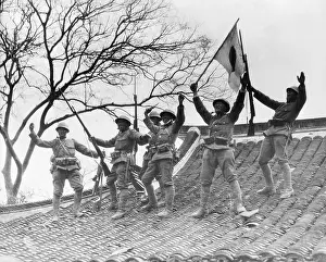 Rooftop Prints: Japanese Soliders Wave Flag On Rooftop