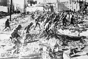 Shanghai Prints: Japanese Troops Advancing Through War Torn Shanghai