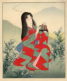 Japanese Woodblock of female in landscape