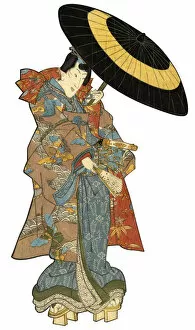 Japanese Woodblock Print Male with Umbrella