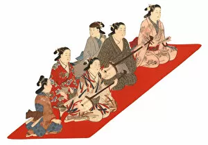 Japanese woodblock print of Musicians and Dancers