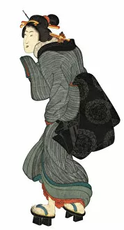 Japanese Woodblock Print of Walking Woman