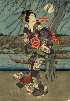 Romance Gallery: Japanese Woodblock Print Woman and the Moon