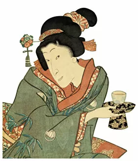Images Dated 20th October 2009: Japanese Woodblock Print Woman and Tea cup