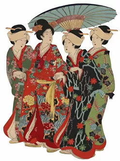 Images Dated 22nd April 2014: Japanese Woodblock Print Women with Umberella