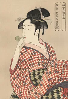 Oriental Style Woodblock Art Collection: Japanese woodblock print of young woman 1790