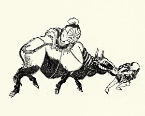 Natural World Collection: Japanesse Art, Man riding on reluctant oxen, 19th Century