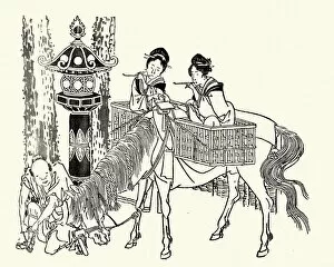 Images Dated 20th August 2018: Japanesse Art, Women travelling in baskets on back of horse